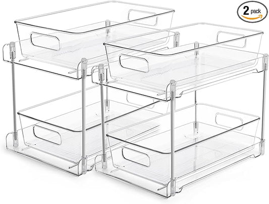 Vtopmart 2 Tier Bathroom Storage Organizer, 2 Pack Clear Under Sink Organizers Vanity Counter Container, Cabinet Drawers B...