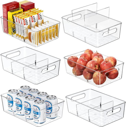 Mpotmiy 6 Pack Pantry Organizers and Storage,Clear Plastic Containers with 2 Dividers for Kitchen,Fridge Organization and ...