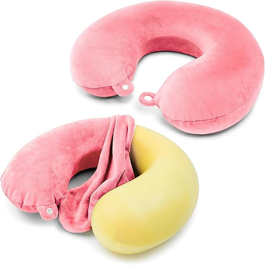 2 Packs Travel Neck Pillow Cover, Reusable U Shaped Washable Cover (Pink)