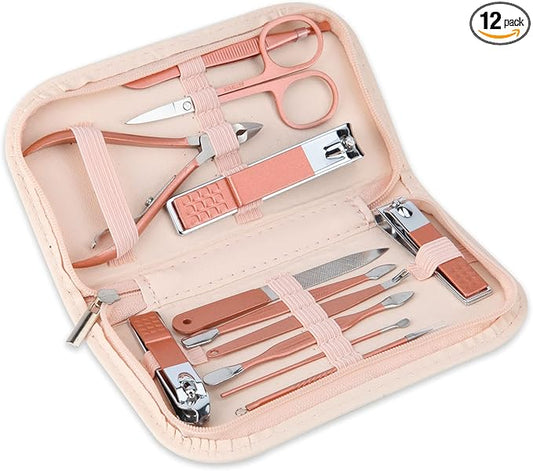 Nail Clippers and Beauty Tool Portable Set Manicure Set 12 in 1, with Pink Leather Bag, Suitable for Home, Workplace, Outd...