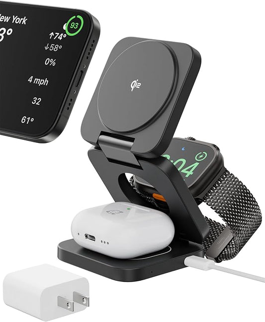 Wireless Charging Station, 3 in 1 Foldable Magnetic Wireless Charger for Apple Device, Qi2 Travel Magnetic Charger Stand f...