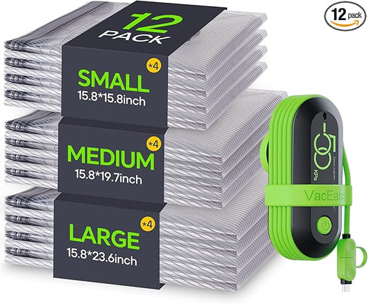 Vacbird Vacuum Bags for Travel with USB Pump, 12 Pack Carry-on Size Compression Packing for Luggage and Suitcase, Space Sa...
