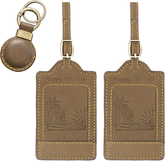 Sovereign-Gear - Two Brown Beach Embossed Leather Luggage Tags with Leather AirTag Holder Combo - Genuine Leathers Luggage...