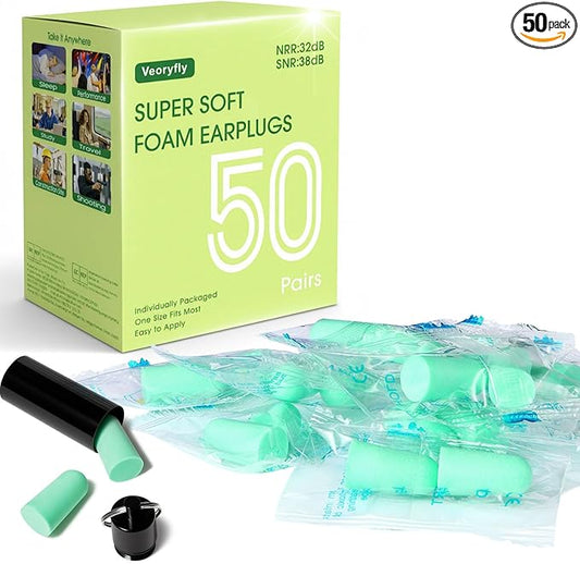 50 Pairs Foam Ear Plugs for Sleeping Individually Wrapped 32dB - Disposable Ear Plug Noise Reduction Safety Soft Earplugs ...