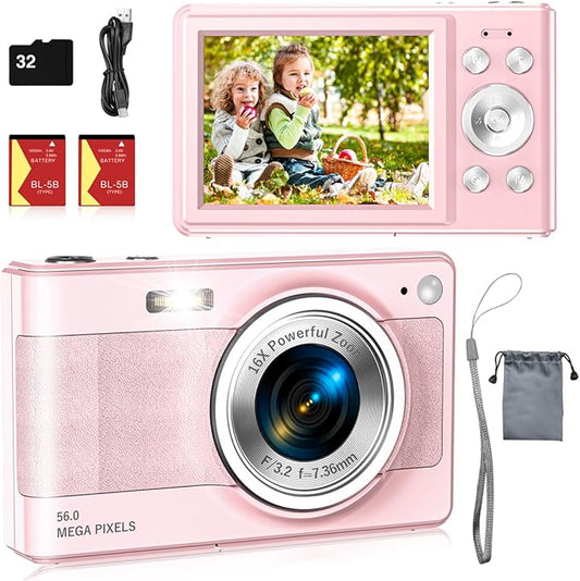 Upgrade Digital Camera, 56MP FHD 1080P Camera for Kids with 16x Zoom Anti Shake, Kid Camera with 32GB TF Card, Two Batteri...