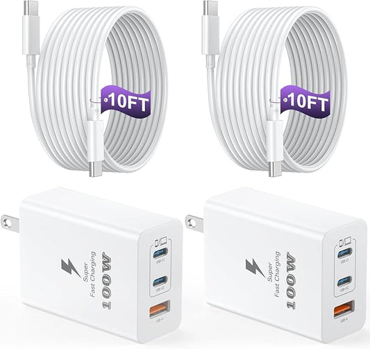 USB C Charger Block 100W, 3-Port GaN Super Fast Phone Charger, Type C 65W Laptop Chargers with 10ft USB C Charging Cable f...