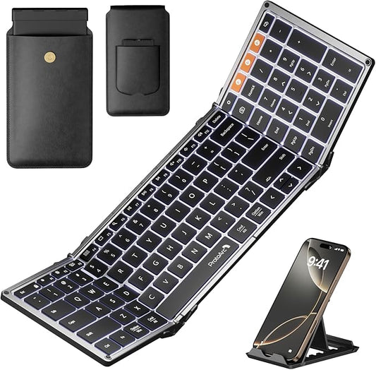 ProtoArc Backlit Foldable Keyboard, XK01 Plus Folding Portable Bluetooth Keyboard for Travel, True Full Size External Wire...