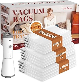 Vacbird Travel Vacuum Storage Bags with Rechargeable Cordless Pump, 12 Pack Vacuum Seal Bags for Clothing(4 Large+4 Mediu...