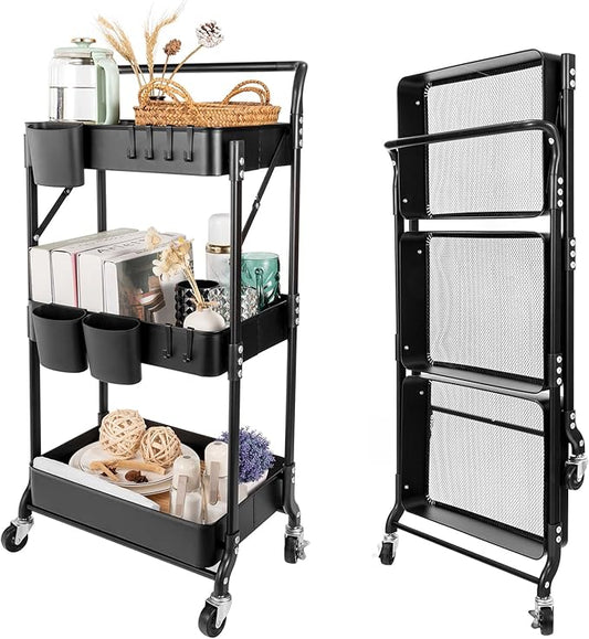 3 Tier Foldable Rolling Cart with Wheels, Folding Utility Cart Organizer, Collapsible Rolling Storage Cart with 3 Hanging ...