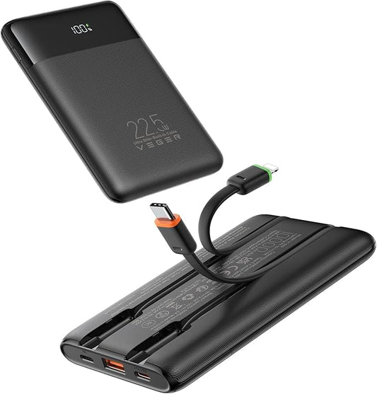 VEGER Portable Charger with Built in Cables, Slim 10000mAh PD 22.5W Fast Charging USB C Power Bank, 4 Outputs 3 Inputs Bat...