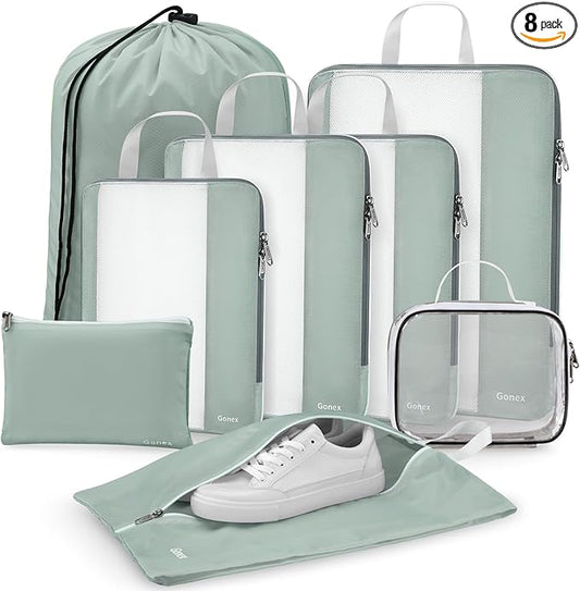 Gonex 8 Set Compression Packing Cubes for Travel Essentials, Expandable Mesh Organizer with Toiletry, Laundry, Shoe, Cable...