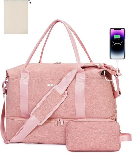 WANDF Travel Duffle Bag with Wet Pocket & Shoes Compartment, 18x14x8 Personal Item Travel Bag with USB Charging Port & Toi...