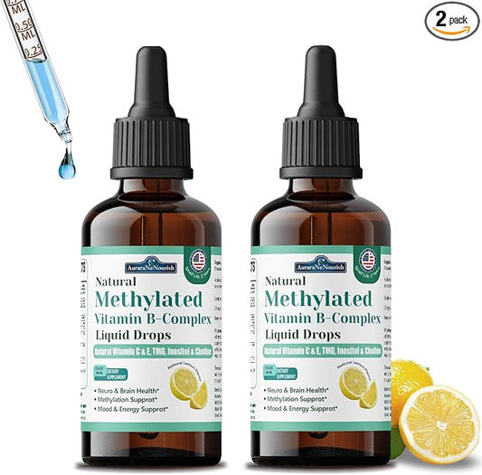 2 Pack Methylated B Complex Liquid, 9-in-1 Methyl B Vitamin w. Methylfolate 5-MTHF Inositol Choline Riboflavin TMG & Methy...