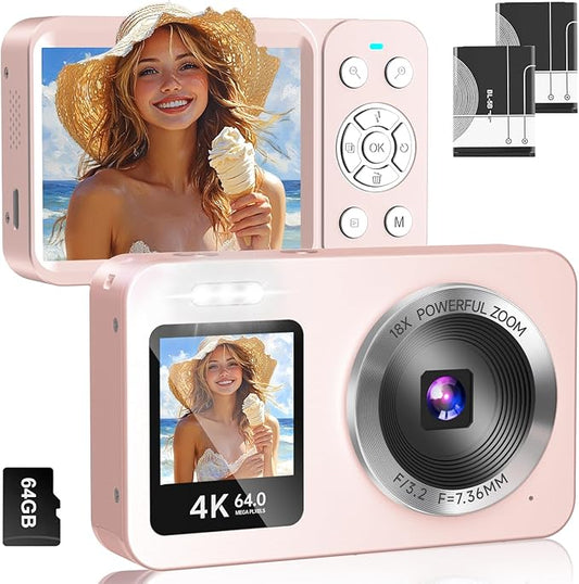 WABL Pink Digital Camera, 4K 64MP UHD Dual Screens Camera, 18X Zoom, Portable Small Point and Shoot Digital Cameras with 6...