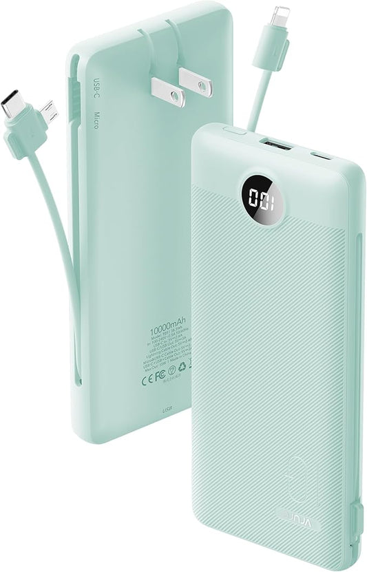 VRURC Portable Charger Built-in Cables and AC Wall Plug, USB C Power Bank 10000mAh, Travel Battery Portable Phone Charger ...