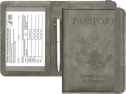 HOTCOOL Passport and Vaccine Card Holder Combo Leather RFID Blocking Wallet with Elastic Strap Travel Cover Case for Passp...
