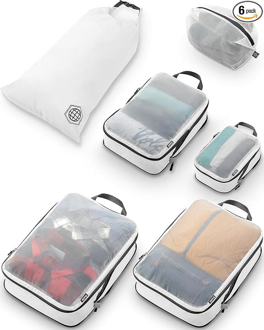 Large Packing Cube Set with See Through Mesh- Compression Packing Cubes Travel Organizers by TRIPPED Travel Gear (White)