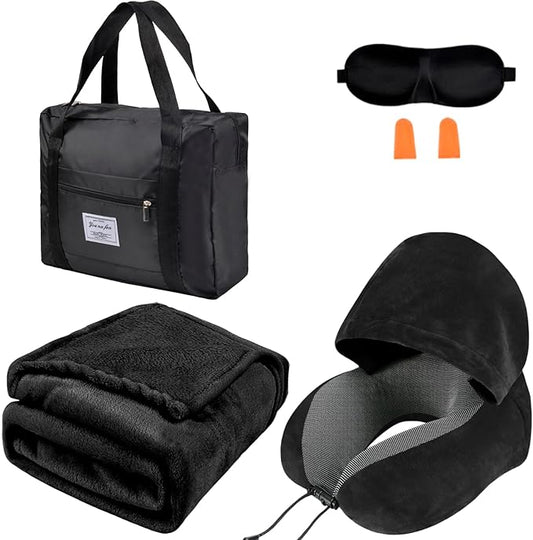 Travel Blanket Pillow Set - Travel Neck Pillow & Blanket for Airplane, Thick Fleece Plane Blanket, Hooded Memory Foam Neck...