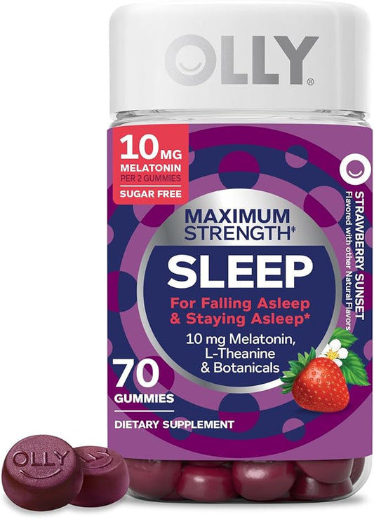OLLY Max Strength Sleep Gummy, 10mg Melatonin, L-Theanine, Chamomile, Lemon Balm, Sugar Free, Vegetarian Sleep Aid, Strawb...