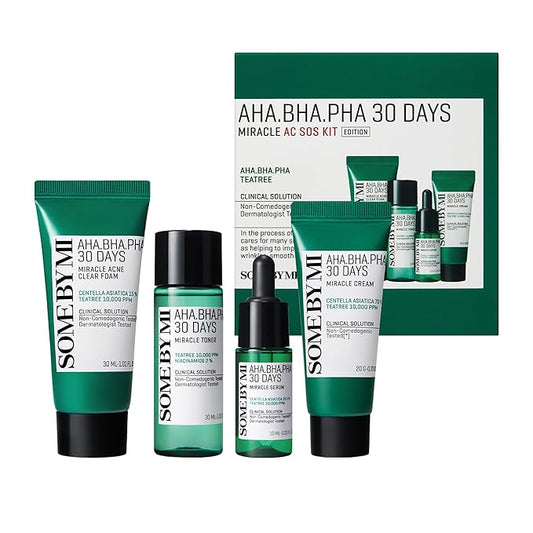 SOME BY MI AHA BHA PHA 30Days Miracle AC SOS Kit - Toner 1.01Oz, Serum 0.33Oz, Cream 0.7Oz, Foam 1.01Oz - Mild Exfoliating...