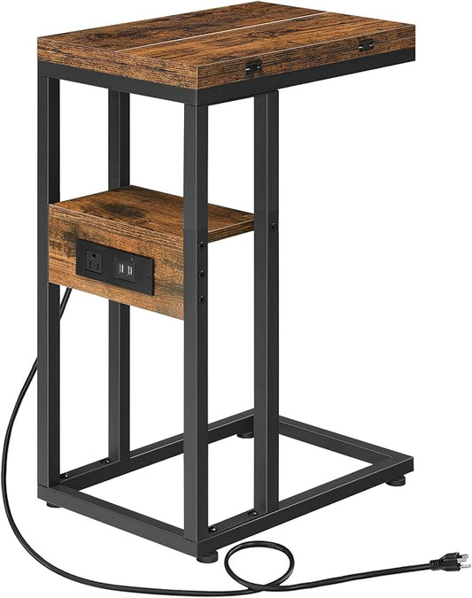 HOOBRO Foldable End Table, C Shaped Side Table with Charging Station, Sofa Couch Table That Slide Under for Living Room Be...