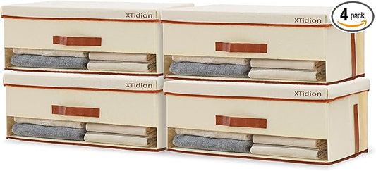 XTidion Fabric Storage Box with Clear Window & Handle, 4 Pack Large Foldable Portable Organizer Bin for Clothes, Bedding, ...