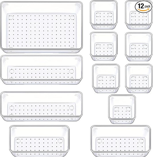Manalete Drawer Organizers Set of 12, 4 Sizes Clear Plastic Drawer Organizers and Storage Bins for Kitchen, Bathroom, Offi...
