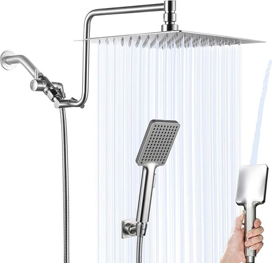 10" Rainfall Shower Head with Handheld Combo High Pressure, Upgrade 12" Extension Arm Height Adjustable, Powerful Stainles...