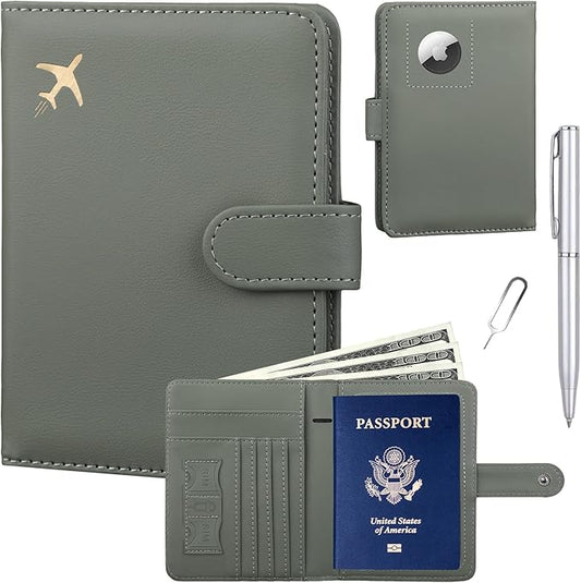 GOAUS Passport Holder for Travel with AirTag Slot Cards Cash Pocket, PU Leather Travle Wallet Gifts for Women Men RFID Blo...