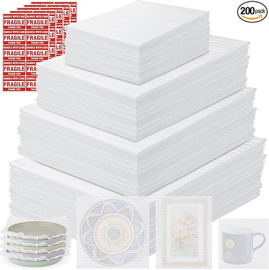 250 Packaging Supplies,200 Pack Foam Pouches and Sheets,3 Sizes(12"x12", 12"x7.5", 7.5"x7.5") with 50 Fragile Stickers,Cus...