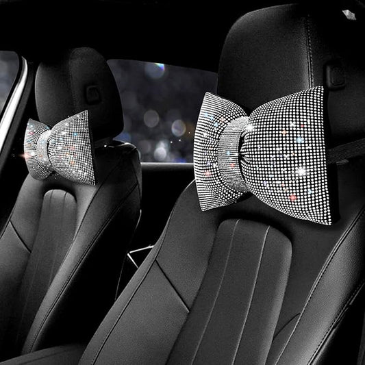 surpassme 2PCS Rhinestone Car Headrest Neck Pillow for Driving with Bling Bling Crystal Bow Pillow Car Accessories for Wom...