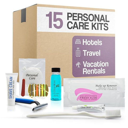Personal Care Travel Toiletries | 1-Shoppe Amenities Kit | Travel Shaving Set, Toothbrush & Paste, Mouthwash, Makeup Wipe...