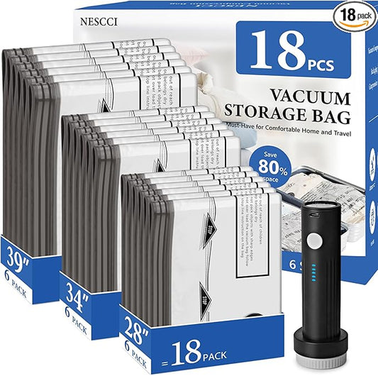 NESCCI Travel Vacuum Bags for Clothing with Rechargeable Wireless Air Pump,18 Pack Compression Seal Packing Bags for Lugga...
