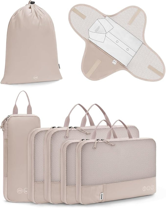 WANDF 7 Set Compression Packing Cubes for Travel, Shirt Folder for Wrinkle-Free, Suitcase Organizer Bags Set for Carry-On ...