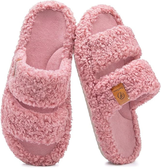 EverFoams Womens Fuzzy Open-toe Slippers Soft Comfy Memory Foam Indoor House Shoes