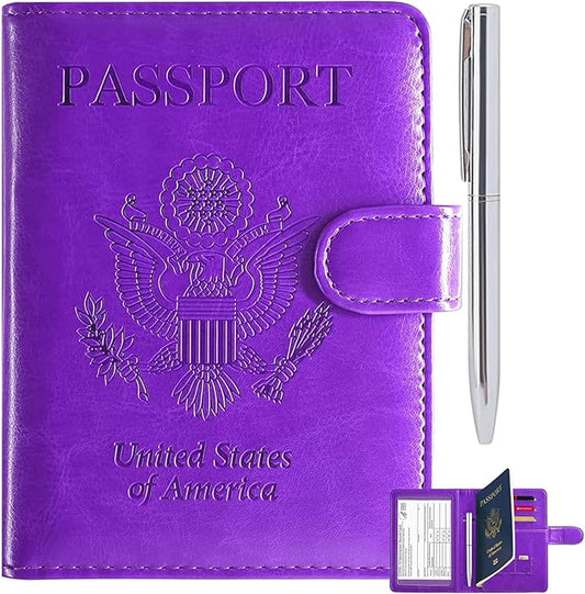 RSAquar Unisex Faux Leather Passport and Vaccine Card Holder Combo, Purple, Slim and Lightweight with RFID Blocking Techno...