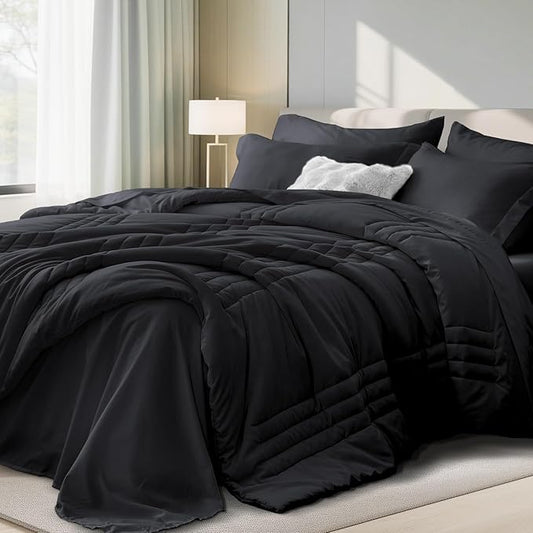 Velorose Queen Comforter Set Black - Bed in a Bag Queen Size 7 Pieces, Soft Bedding Set for All Seasons, Premium Queen Com...