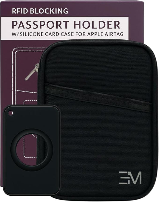 EM Premium Products RFID Protection Travel Wallet & Passport Holder – Zippered Organizer Case with AirTag card holder – Ho...