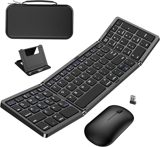Foldable Keyboard and Mouse, Folding Wireless Keyboard Mouse Combo with Portable Case, Rechargeable 2.4G Wireless+Bluetoot...