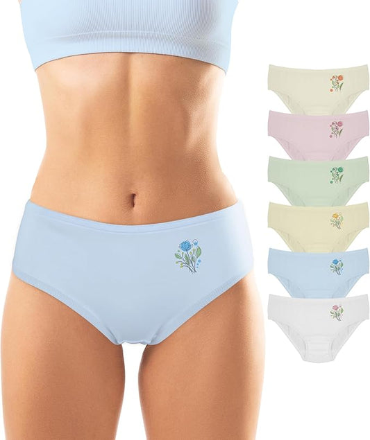 SO-EN Women's Essential Bikini Cotton Blend Underwear, Assorted color, Pack of 6. (BCIZ6-1259)