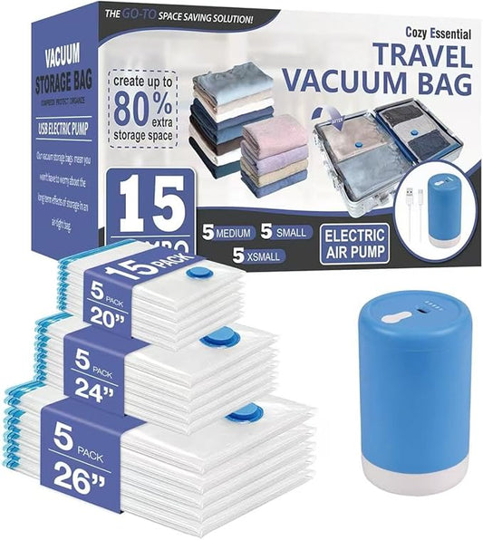 Cozy Essential 15 Pack Travel Vacuum Storage Bags with Rechargeable Wireless Electric Pump for Luggage, Suitcase, Carry-on...