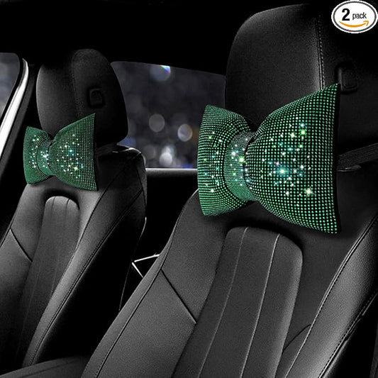 surpassme 2PCS Rhinestone Car Headrest Neck Pillow for Driving with Bling Bling Crystal Bow Pillow Car Accessories for Wom...