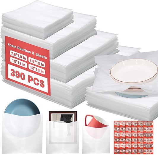 390 Pcs Moving Supplies, 270 Foam Pouches & Foam Sheets, 4 Sizes Packing Foam Pouches with 120 Fragile Stickers for Protec...
