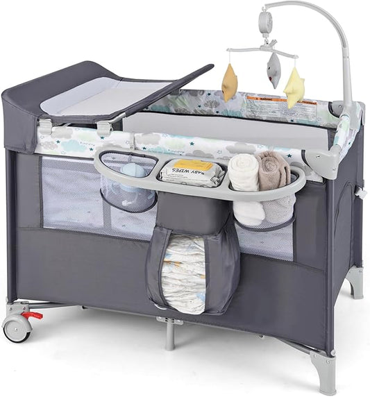 HONEY JOY Pack and Play with Bassinet, 5-in-1 Baby Bedside Sleeper w/Diaper Changing Table & Storage Bag, Toy Arch & Music...