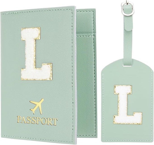 PATIKIL Passport Holder for Travel, Initial Passport Cover and Luggage Tag Set with Alphabet Chenille Letter Patch Travel ...