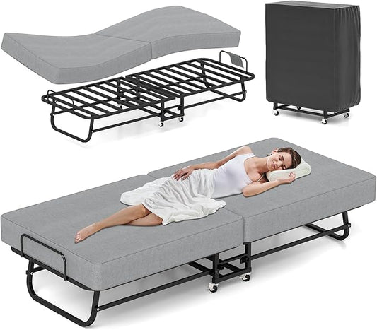 Fabulis Folding Bed with Mattress, Portable Foldable Bed for Adults, Roll Away Guest on Wheels, Memory Foam Mattress and M...