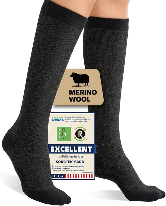 Iambamboo Merino Wool Compression Socks for Women Men, 15-20 mmHg Knee High Socks for Flying, Travel, Running
