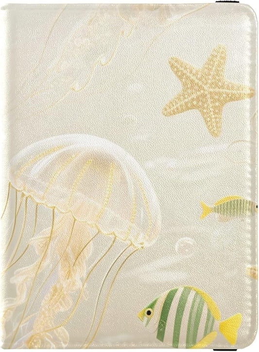 Sea Creature Gold Pattern Leather Passport and Vaccine Card Wallet Combo Travel Passport Wallet With Vaccination Card Slot...