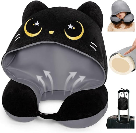Mewaii Travel Neck Pillow with Hood for Airplanes,Memory Foam,Breathable Ice Silk & Soft Velvet,Double-Sided,Removable to ...