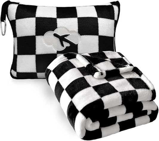 Travel Blanket and Pillow Compact, Premium Soft 2 in 1 Airplane Blanket with Soft Bag Pillowcase，Hand Luggage Sleeve and B...